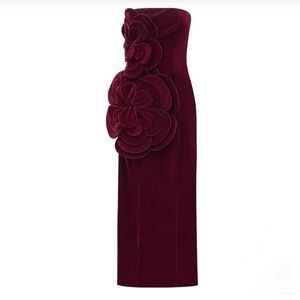 Miss Rosier Azura Red Velvet Floral Applique Maxi Dress SZ L Detached Sleeve NWT